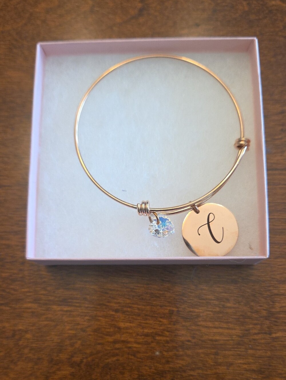 Monogram Disc Charm Bangle Bracelet in Rose Gold Letter "C"